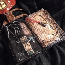 Witches grimoire decor with protection spell bottle