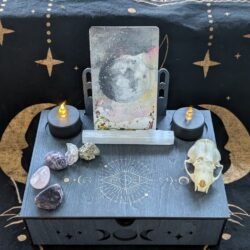 Dust-blue witch altar organizer, travel size tarot and crystal storage