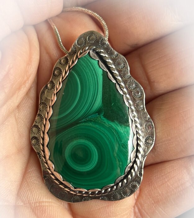 Magical Malachite & Sterling Silver Pendant with Necklace- -Navajo made Jewelry - Image 3