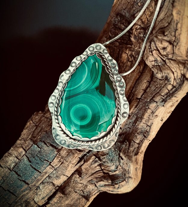 Magical Malachite & Sterling Silver Pendant with Necklace- -Navajo made Jewelry