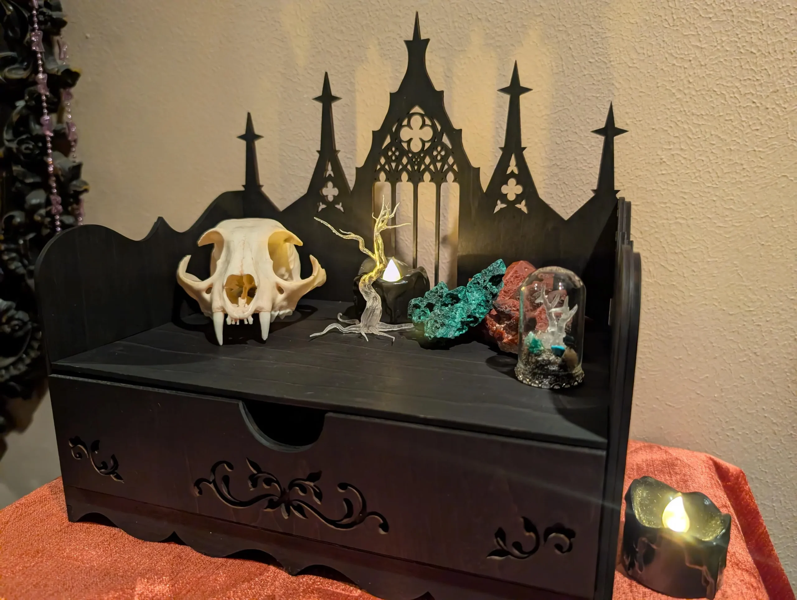Wood Handmade black Gothic Makeup Display Case – Witch Altar Organizer with drawer - Image 6
