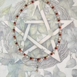 One of a kind 4mm Choker length beaded necklace with crescent moon charm and peach moonstone, clear quartz, sandstone and white jade