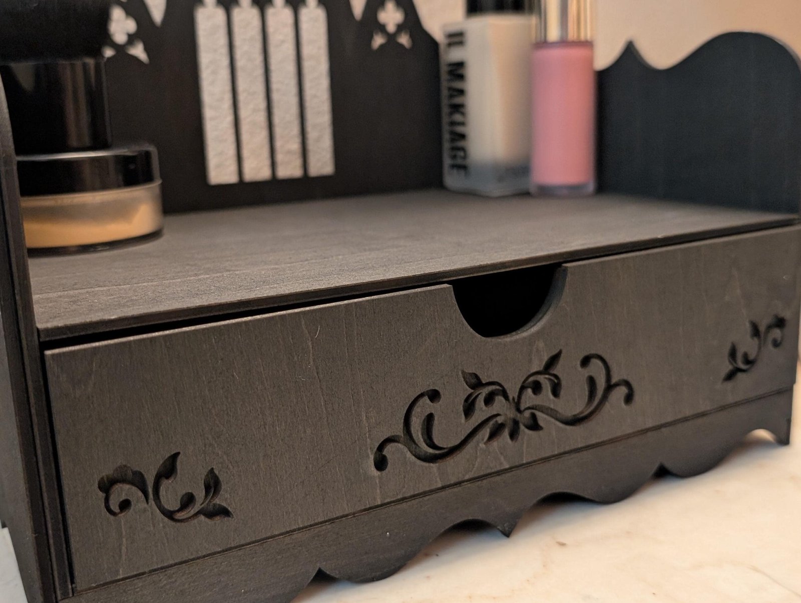 Wood Handmade black Gothic Makeup Display Case – Witch Altar Organizer with drawer - Image 8