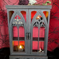 Black Wood and Red Velvet Lined Gothic Witchy Curio Cabinet: Apothecary Display Shelf