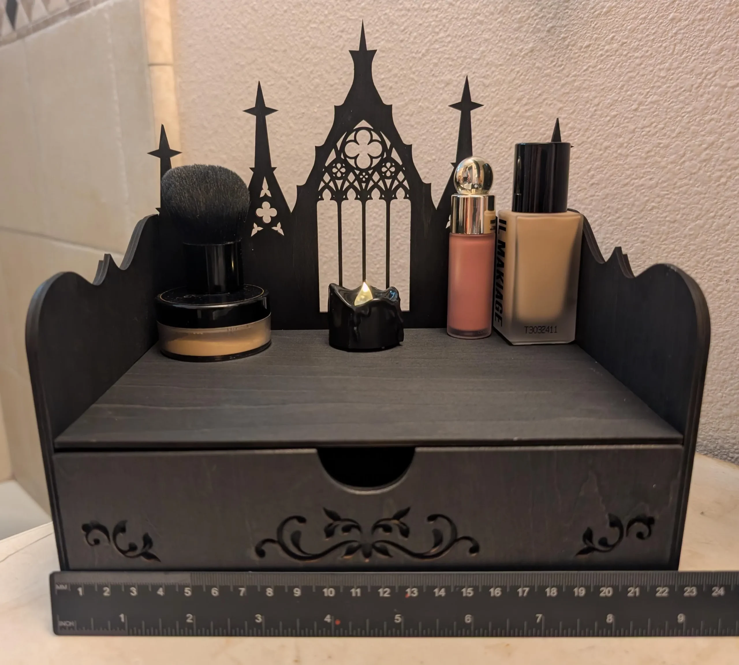 Wood Handmade black Gothic Makeup Display Case – Witch Altar Organizer with drawer - Image 10