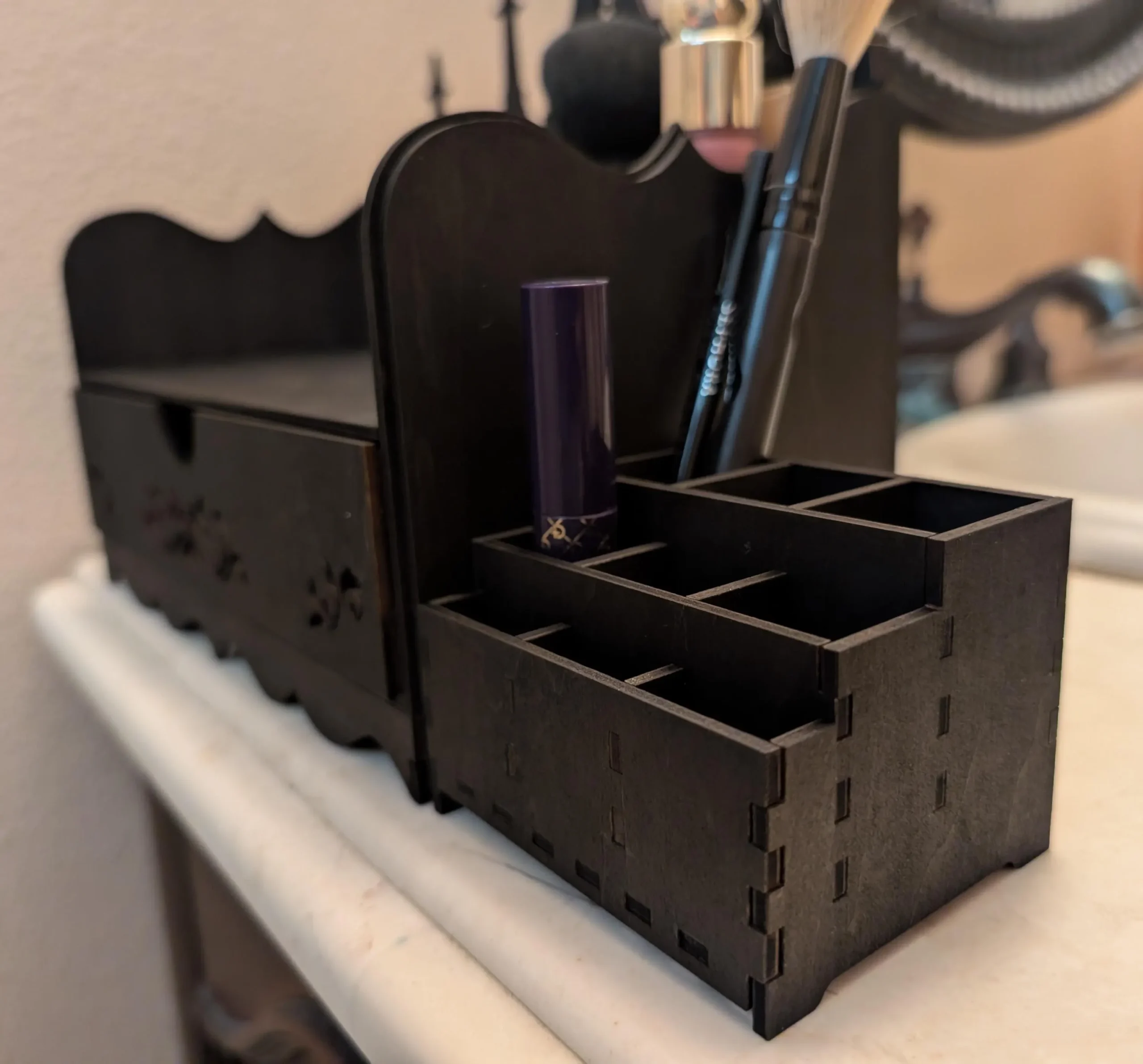 Wood Handmade black Gothic Makeup Display Case – Witch Altar Organizer with drawer - Image 3