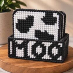 Handmade Cow Print Plastic Canvas Coasters Set - Farmhouse Home Decor