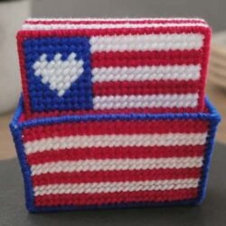 Patriotic Plastic Canvas Coasters Set of 4 - Handmade American Flag Drink Mats with Holder
