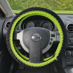Crochet Steering Wheel Cover - Black Lime Green Cotton Car Accessory Gift for Drivers