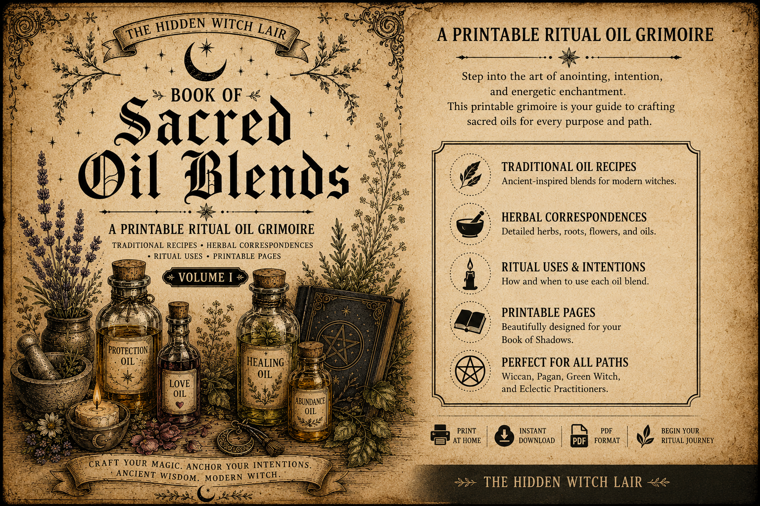 The Hidden Witch Lair's Book of Sacred Oil Blends – Volume I | Printable Ritual Oil Grimoire (PDF)